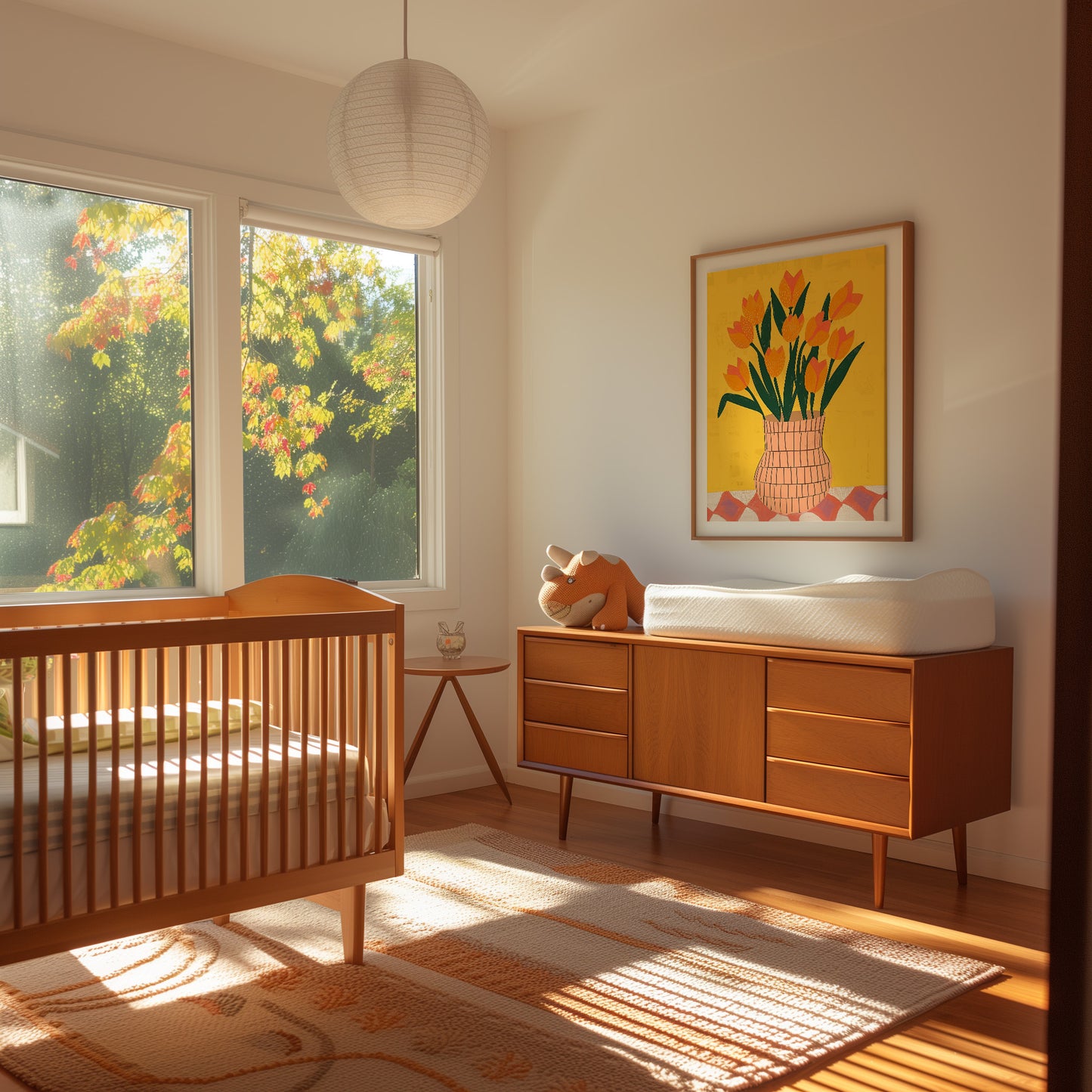 A cozy bedroom with a wooden crib and dresser, colorful artwork, and autumn leaves visible outside the window.
