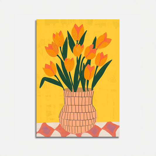 A painting of a bouquet of orange tulips in a woven basket on a yellow background.