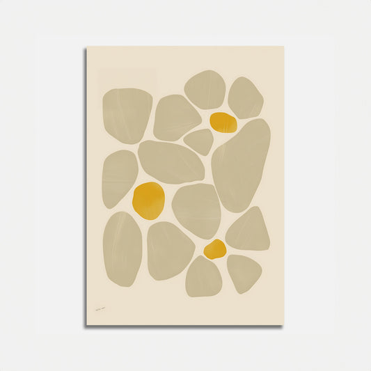 Abstract art print featuring a pattern of grey and yellow organic shapes on a beige background.