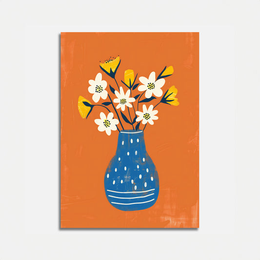 A colorful illustration of flowers in a blue vase against an orange background.