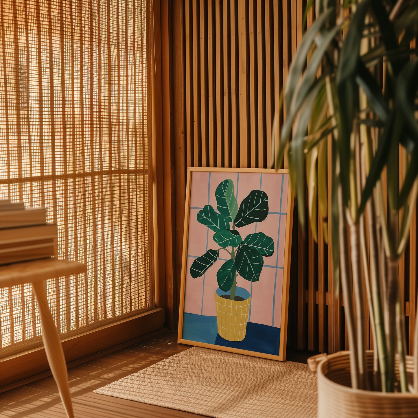 A painting of a plant in a pot placed on the floor next to a window with blinds.