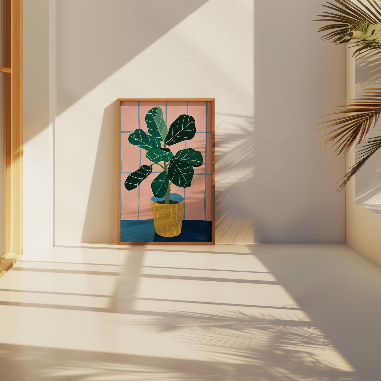 A potted plant illustration with shadows in a sunny room.