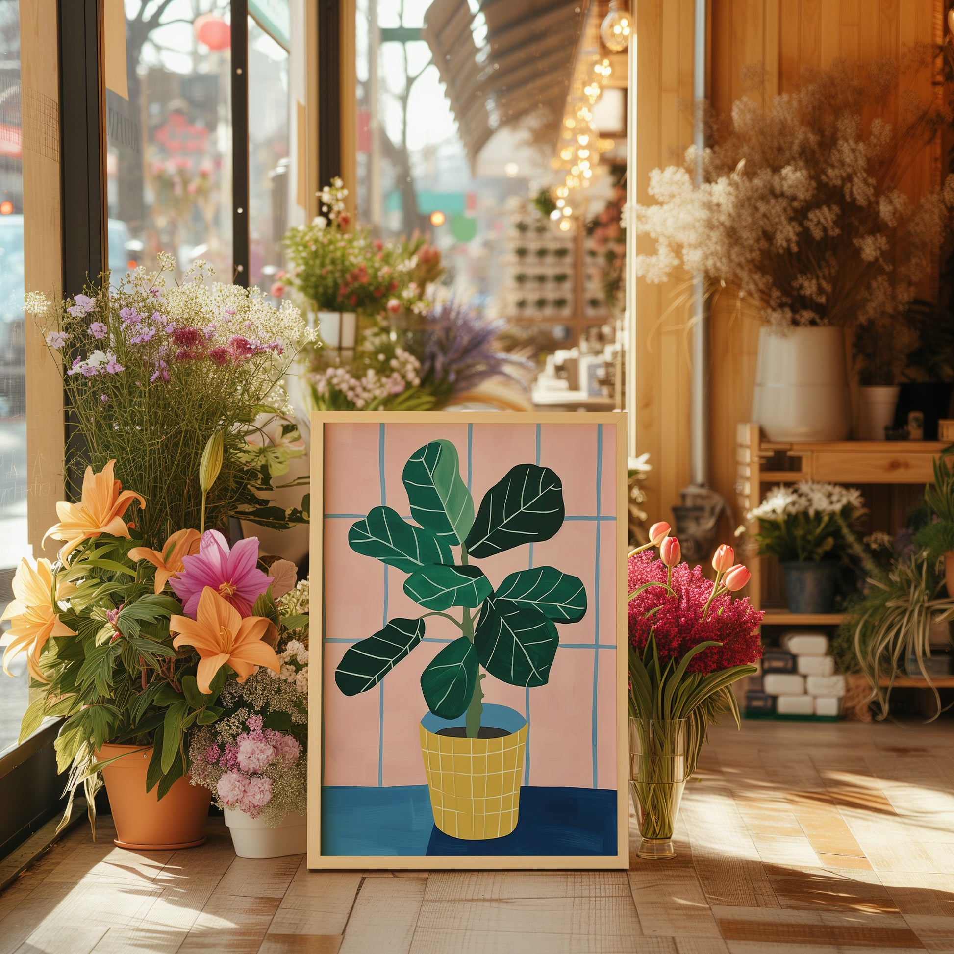 A bright and cozy flower shop interior with a large potted plant painting.