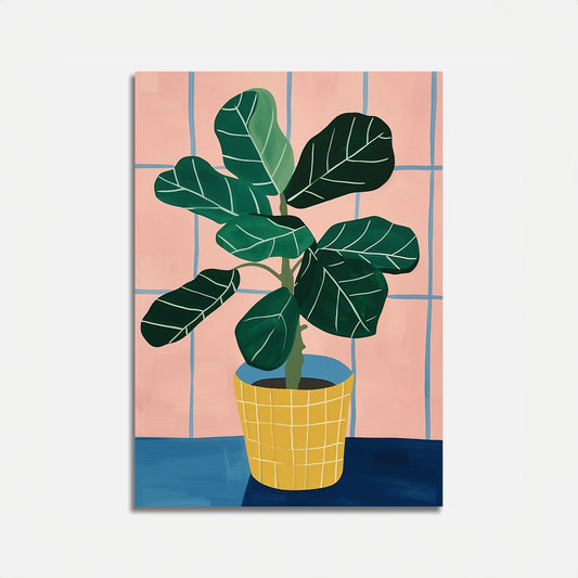 A stylized illustration of a potted plant against a pink checkered background.