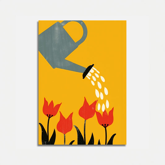 A stylized illustration of a watering can pouring water on red flowers against a yellow background.