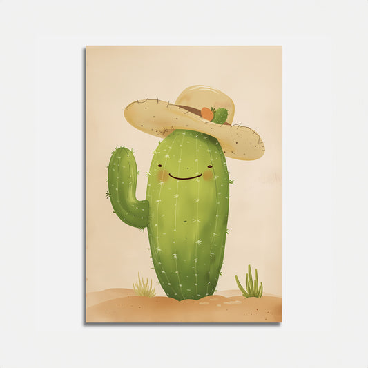Illustration of a smiling cactus wearing a sombrero on a light background.