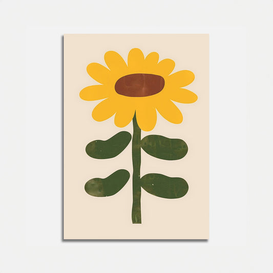 A stylized artwork of a yellow sunflower with a brown center on a light background.