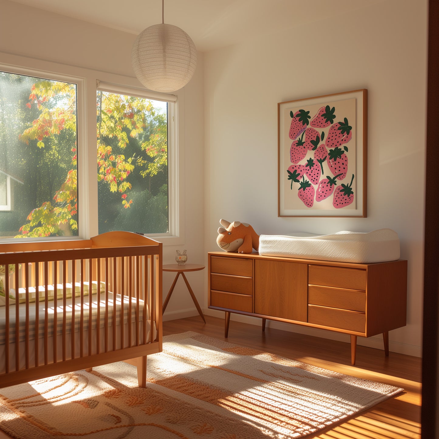 A cozy nursery room with a crib, dresser, and a colorful strawberry-themed picture on the wall.