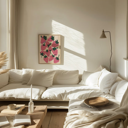 Bright, cozy living room with white sofa, wall art, and sunlight casting shadows.