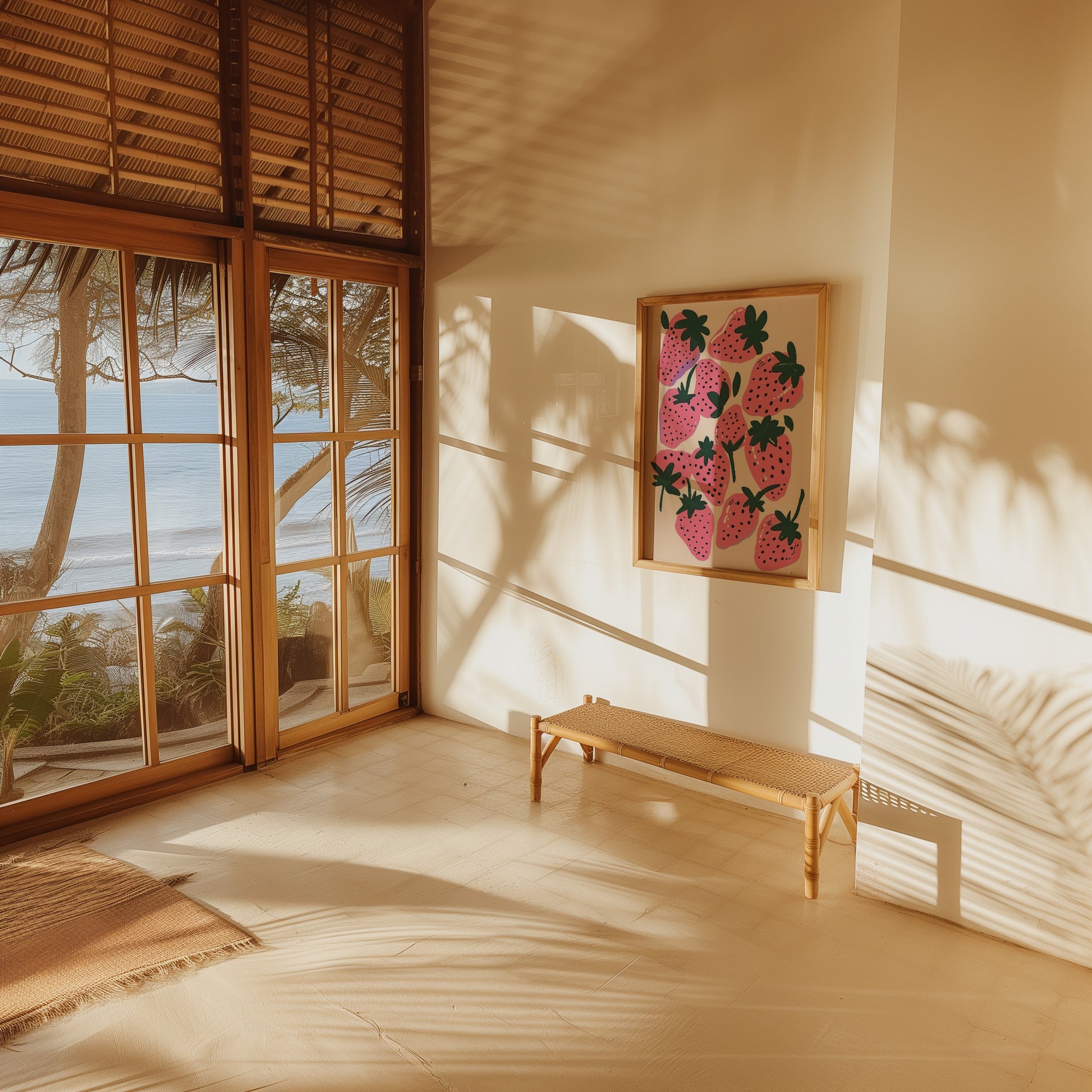 Sunny room with a large window overlooking the sea, a bench, and a strawberry-themed artwork on the wall.