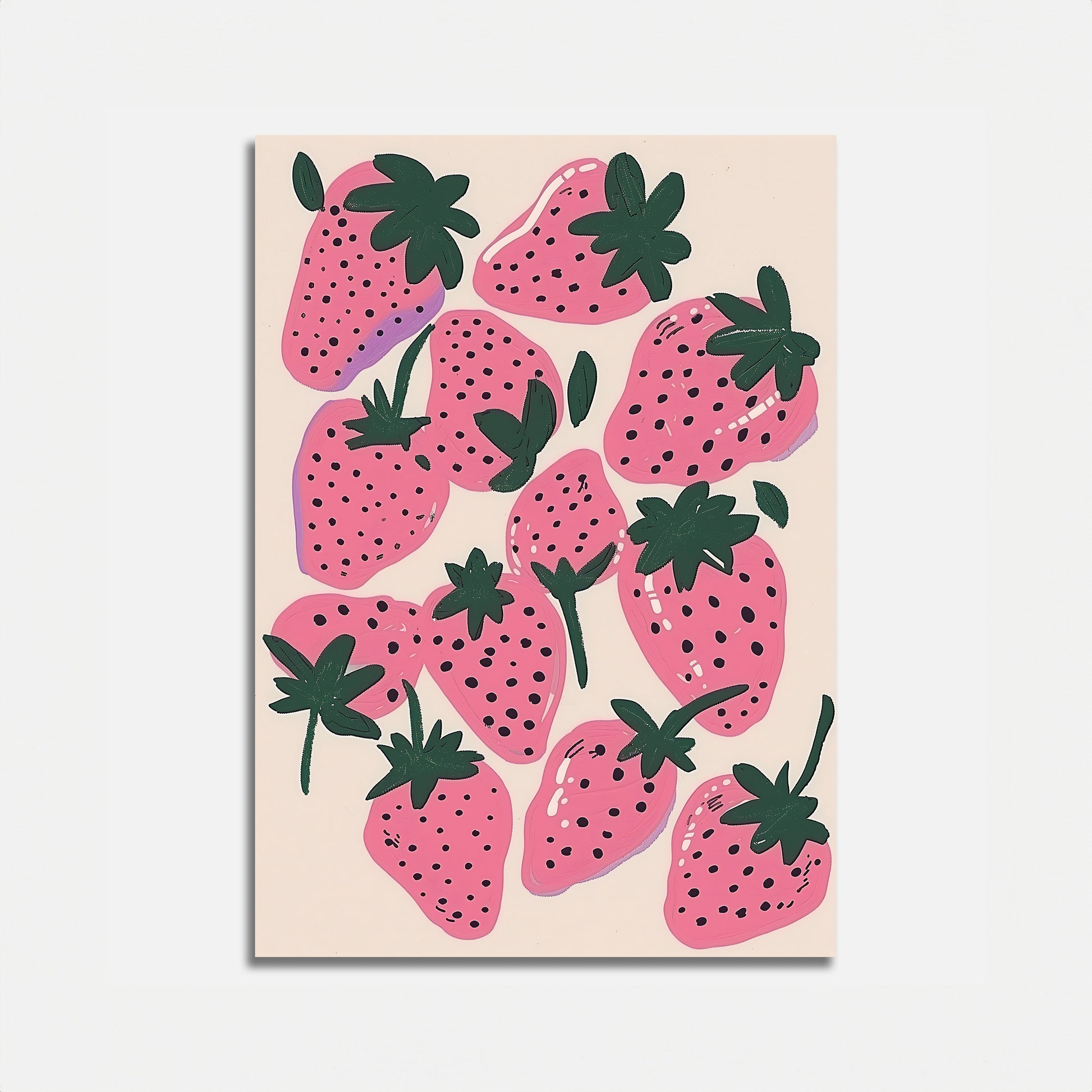 Illustration of pink strawberries with black seeds on a light background.