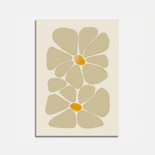 Abstract floral artwork with beige petals and yellow centers on a white canvas.