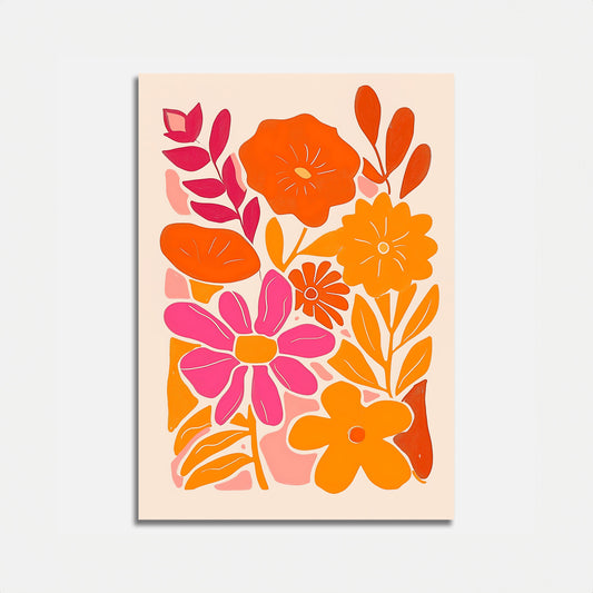 A colorful floral illustration with orange and pink flowers on a cream background.