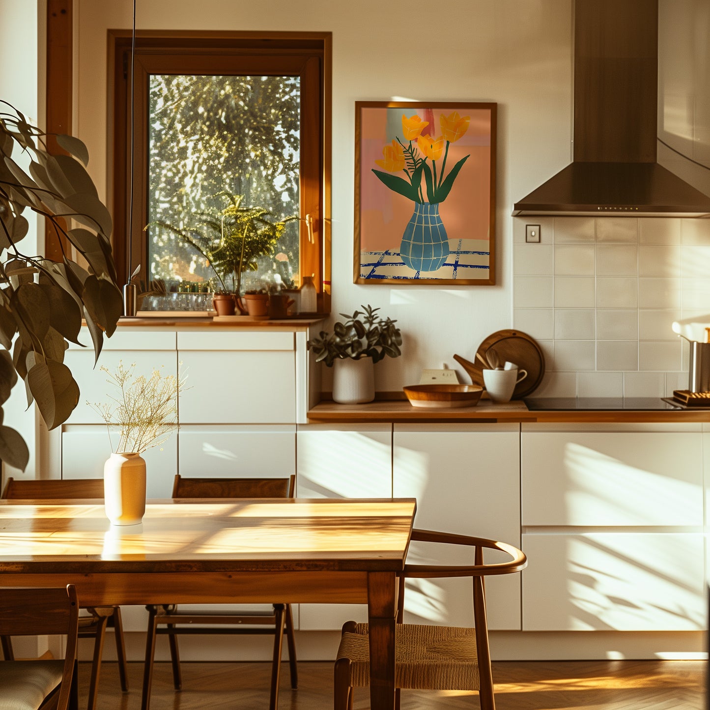 A cozy, sunlit kitchen with plants and a painting on the wall.