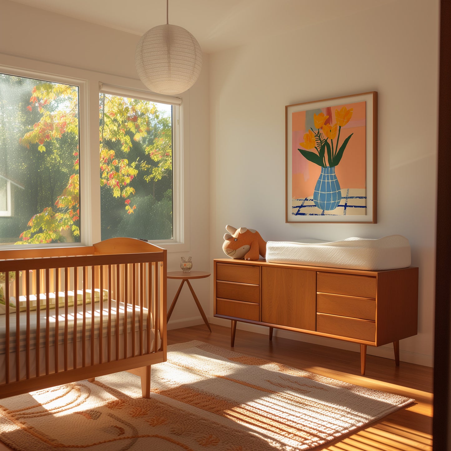 A cozy, sunlit bedroom with a wooden bed, dresser, and autumn view outside the window.