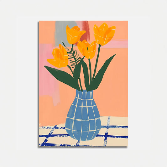 A colorful painting of yellow tulips in a blue vase against an abstract background.