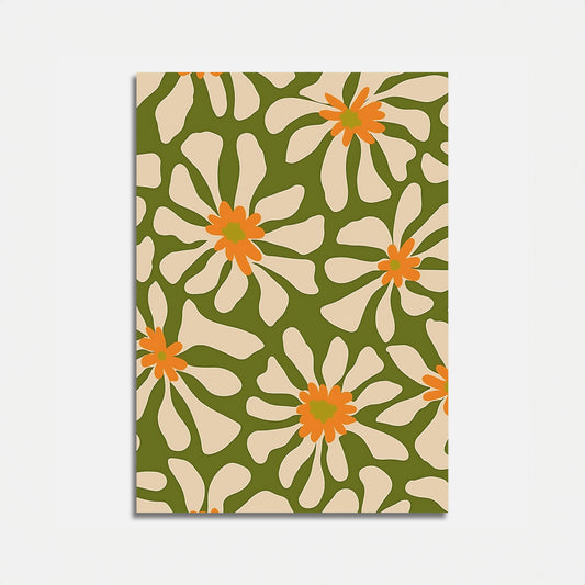 Abstract floral pattern with orange flowers on green background.