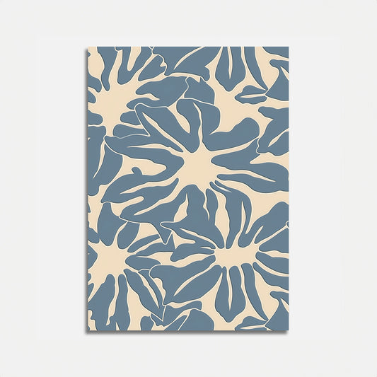 A canvas with an abstract leaf pattern in blue and beige colors.
