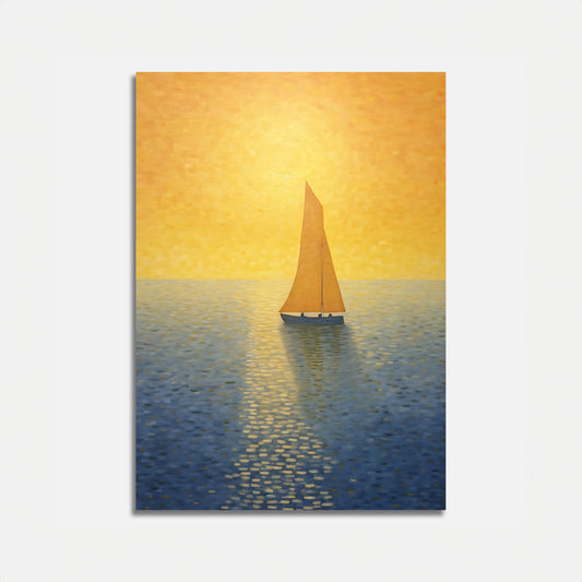 A painting of a lone sailboat on a calm sea with a golden sunset in the background.