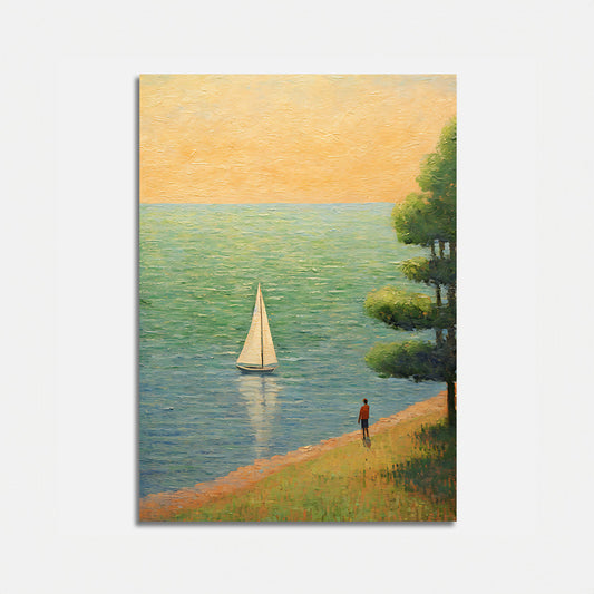 Painting of a lone person by a lake watching a sailboat at sunset.