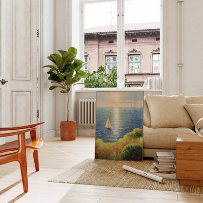 A cozy living room with a painting of sailboats, a sofa, and a potted plant by the window.