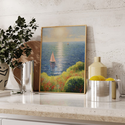Landscape painting with sailboats on a kitchen counter beside decorative items.