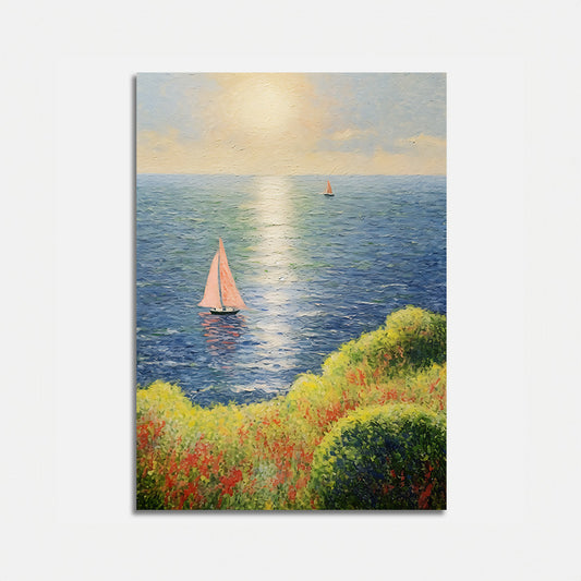 A painting of sailboats on a calm sea with colorful flora in the foreground.