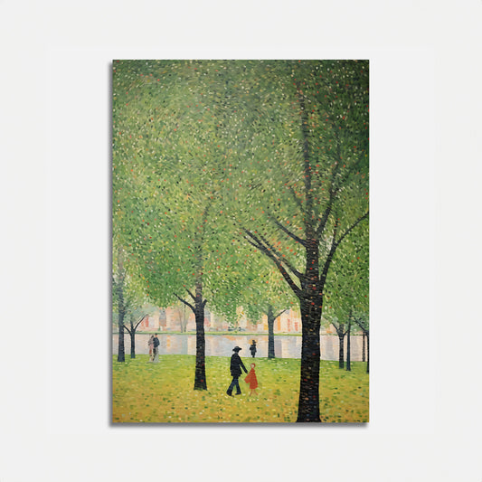 Painting of people strolling through a tree-filled park with fallen leaves.