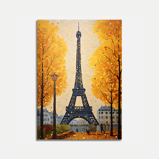 Painting of the Eiffel Tower with autumn trees on white background.