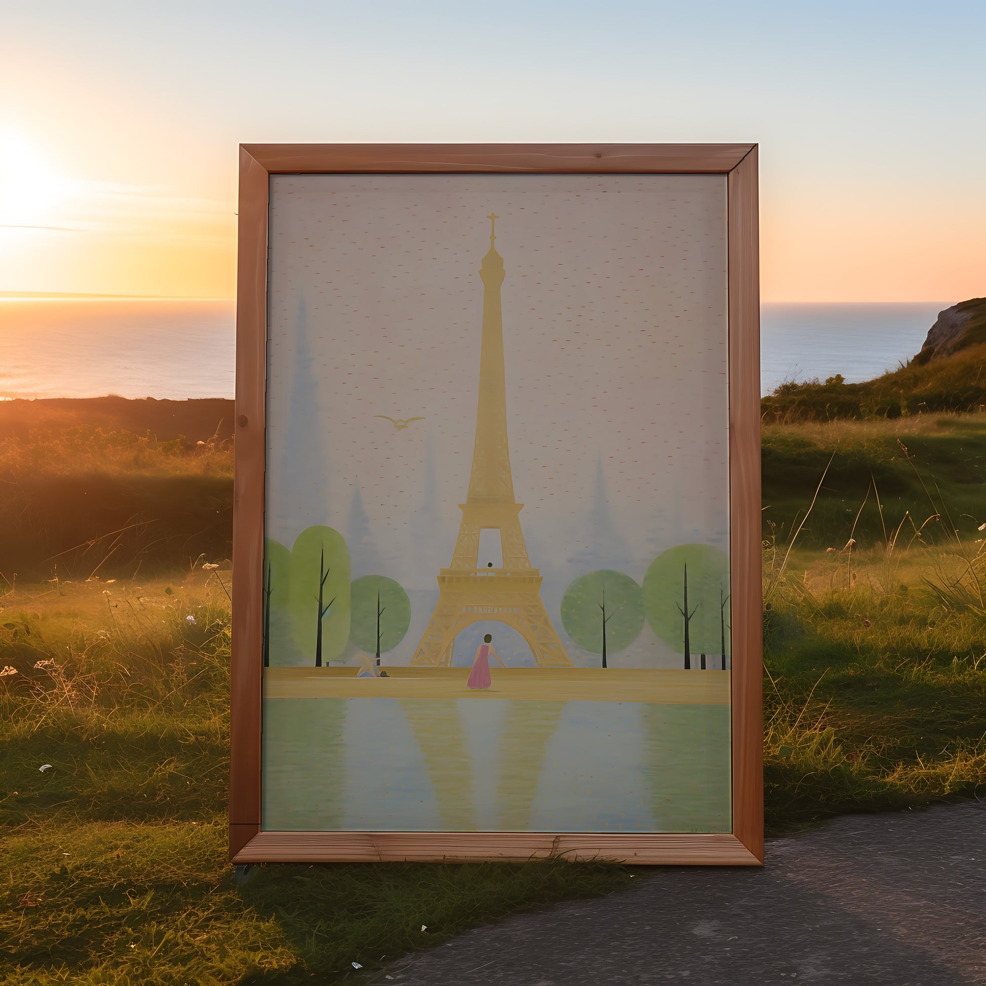 A framed picture of the Eiffel Tower at sunrise placed outdoors.