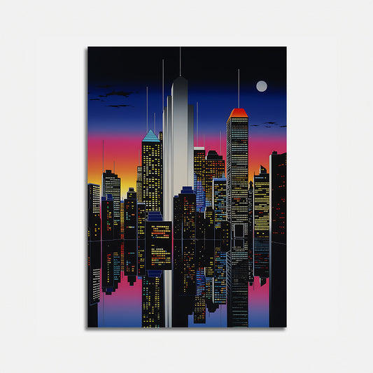 A stylized city skyline at sunset with building reflections on water.
