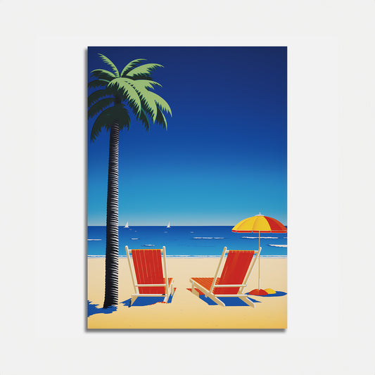 Graphic art of a beach scene with palm tree, two chairs, umbrella, and sailboats in the distance.