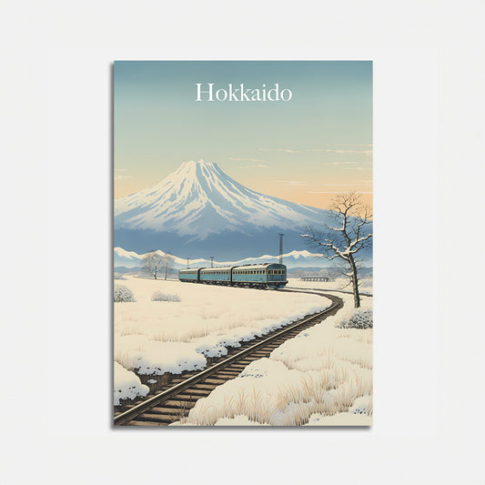 A vintage-style travel poster of a train in Hokkaido with a snow-covered Mount Fuji in the background.