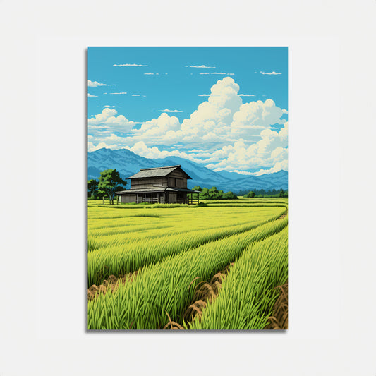 An illustration of a traditional house amidst rice fields with mountains and clouds in the background.