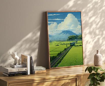 A serene landscape painting on a living room wall with decorative items on a shelf.