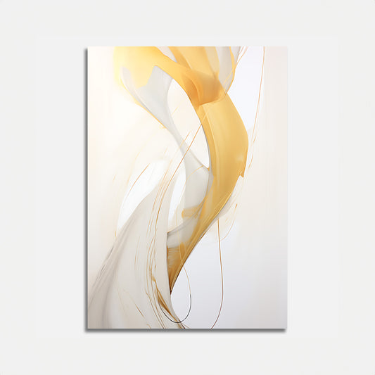 Abstract art with flowing yellow and cream ribbons on canvas.