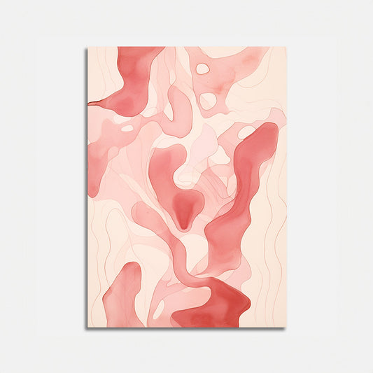Abstract painting with fluid pink and beige shapes on a white background.
