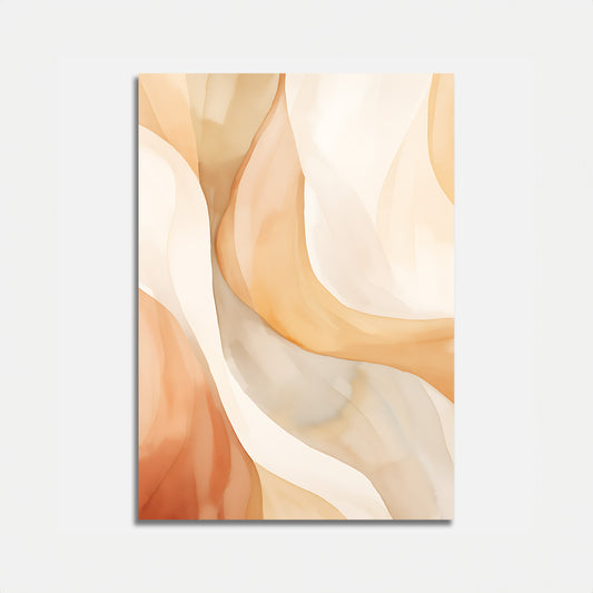Abstract painting with flowing orange and beige shapes on a canvas.