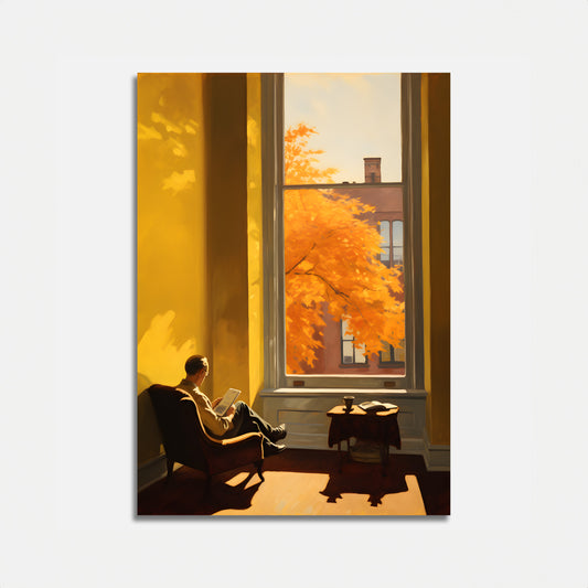 Person reading by a window with autumn leaves outside.