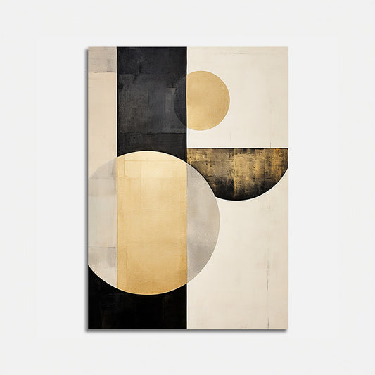 Abstract geometric painting with circles and rectangles in black, white, and gold.