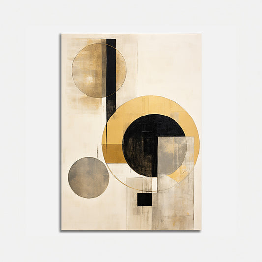 Modern abstract art with geometric shapes in neutral tones on canvas.