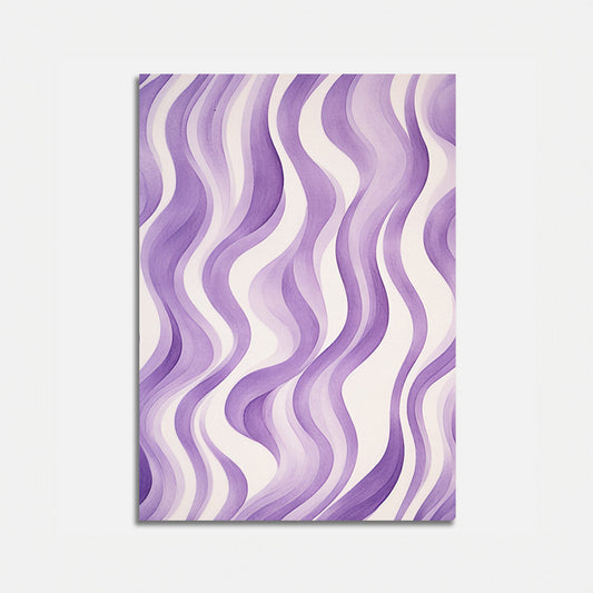 A purple and white abstract wavy pattern painting on a canvas.