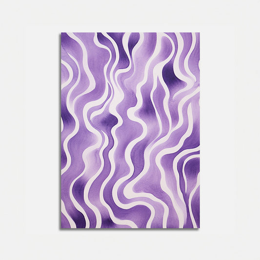 A watercolor painting with purple and white abstract wavy lines on a white background.