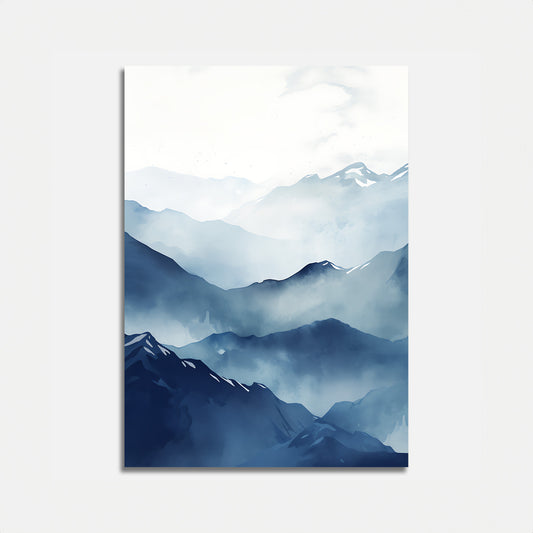 Abstract blue mountain landscape painting on a white background.