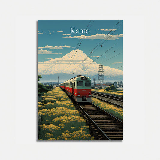 Illustration of a train in the Kanto region with Mt. Fuji in the background.