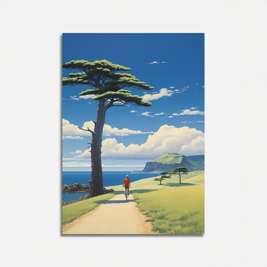 Alt text: Illustration of a person walking on a path towards the sea with a tree and cliffs in the background.
