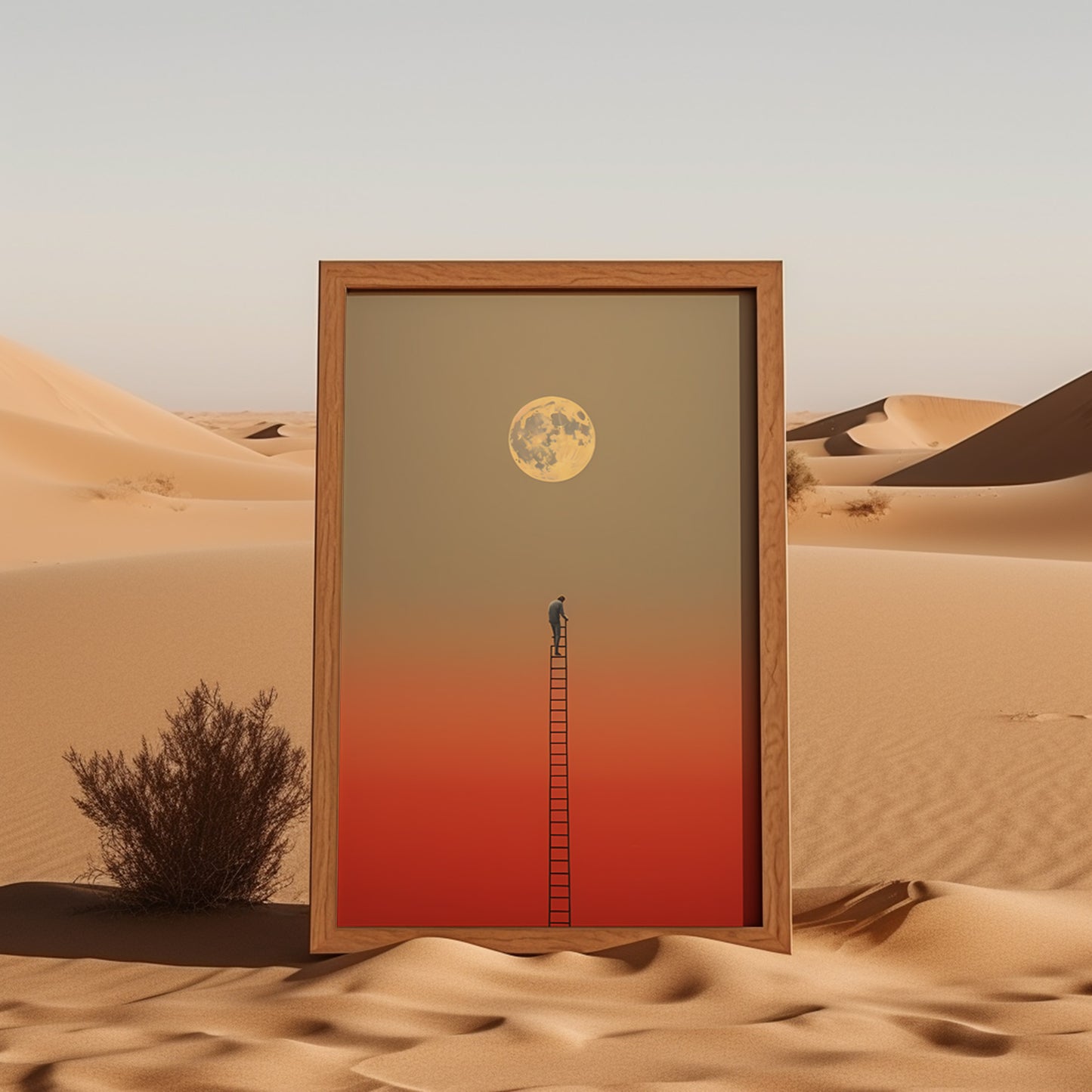 A surreal image of a framed doorway showing a ladder leading to the moon in a desert.