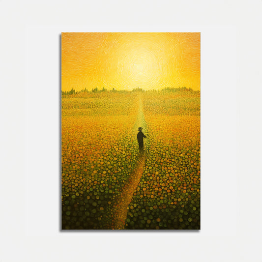 Painting of a person in a vibrant orange flower field with a glowing sun overhead.