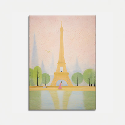 Artistic portrayal of the Eiffel Tower with trees, water, and a person in pink.