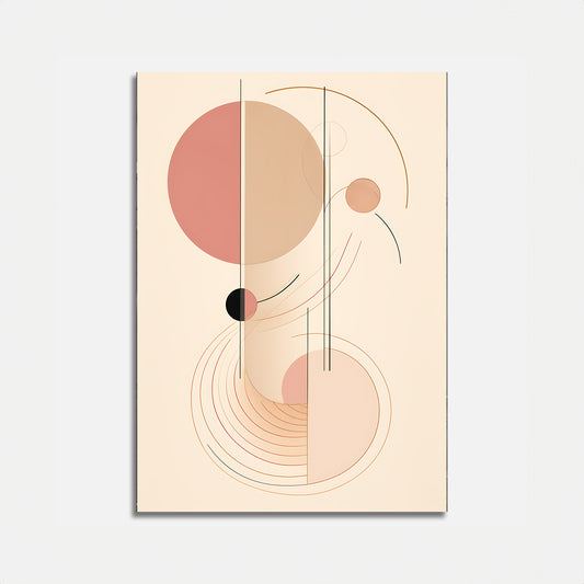 Abstract geometric art with circles and lines in pastel tones on a canvas.